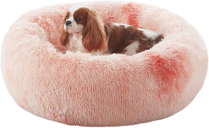 30 inches Donut Dog Bed for Medium Dogs,Calming Fluffy Round Pet Bed with Removable & Washable Cover,Fits up to 45 lbs Pets(Tie-dye Pink,Medium)