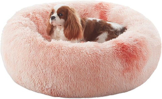30 inches Donut Dog Bed for Medium Dogs,Calming Fluffy Round Pet Bed with Removable & Washable Cover,Fits up to 45 lbs Pets(Tie-dye Pink,Medium)