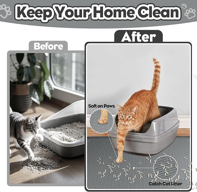 Cat Litter Mat, Extra Large 34" x 22" Silicone Mat Litter Trapping Mat for Scatter Control, Soft on Kitty Paws, Easy to Clean (Dark Grey)