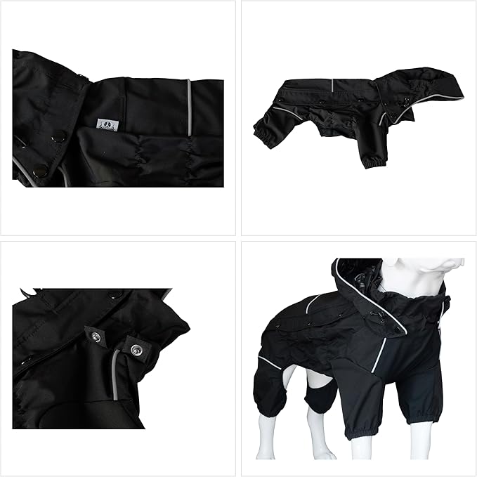 LOVELONGLONG Waterproof Dog Raincoat with Removable Hood – Outdoor Full Body Dog Jacket, Windproof Snowproof Shell Suit – All Season Pet Rain Gear Black XXS