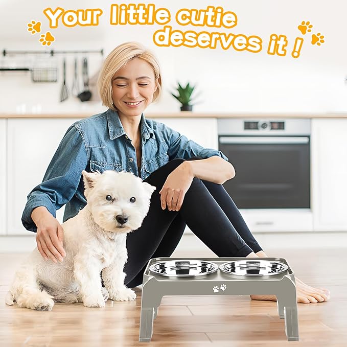 Elevated Bowls for Small Dogs - 3 Height Adjustable Raised Stand With 25oz Stainless Steel Food Bowls, Anti-Slip Feeder Adjusts to 7.5", 6", 2.75", Light Brownish Gray