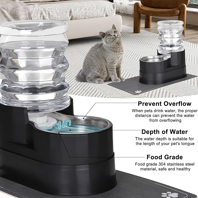 RIZZARI Automatic Cat Water Dispenser: Black 5L Elevated Feeder with Specialized Brush and Triple Filtration - Stainless Steel Gravity Bowl - Leakproof Base for Indoor Pets