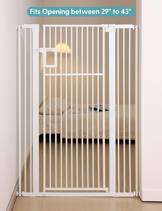 No Pawblems Upgraded 55" Extra Tall Pet Gate for Cat, 29-43" Auto Close Cat Gate for Doorways/Stairs/Hallways, NO Drilling Pressure Mounted Tall Dog Gate Indoor, 1.37" Pet-Safe Gap, White
