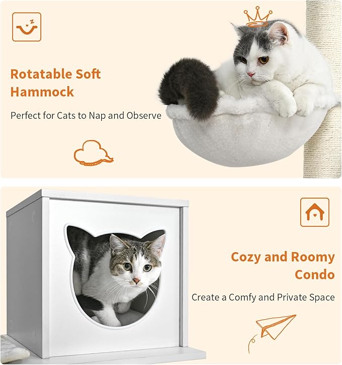 Made4Pets Cat Tree, Modern Cat Tree Tower for Indoor Cats - 65" Tall Wood Condo with Hammock, Scratching Post and Removable Pads for Small Large Cats, White