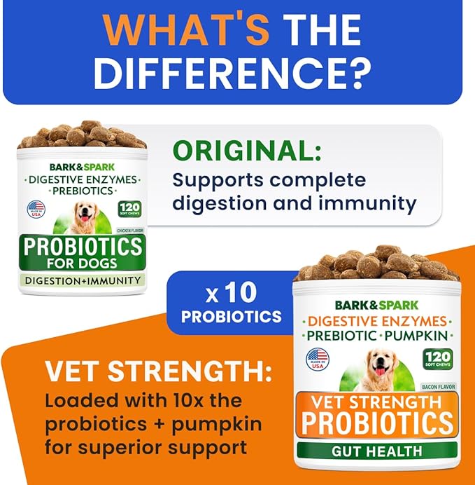 Bark&Spark Vet Strength Dog Probiotics Chews - 60 Billion CFU per jar - Digestive Enzymes for Dogs Gut Health - Chewable Supplement for Diarrhea, Gas, Constipation, Upset Stomach Relief (120 Ct)