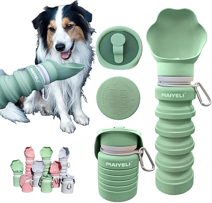 Collapsible & Portable Dog Water Bottle with Dispenser for Walking, Travel, and Outdoor, 9oz-17oz Leak-Proof Silicone Water Bottle for Dogs on The Go (Green)