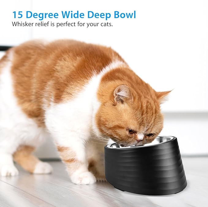 Slanted Small Cat Food Bowl 0.5 Cup, 15° Tilted Stainless Steel Mini Dog Puppy Food Bowl, Non-Slip & Non-Spill Small Kitten Pet Feeder with Elevated Detachable Melamine Stand, Easy to Get Food