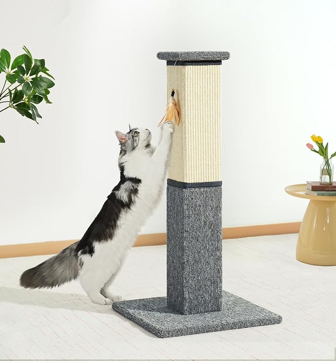 Made4Pets Cat Scratching Post, 32 Inch Natural Sisal & Carpet Covered Cat Scratcher with Kitten Toy, Dual-Material Tall Scratching Post for Indoor Cats Adults and Kittens, Beige