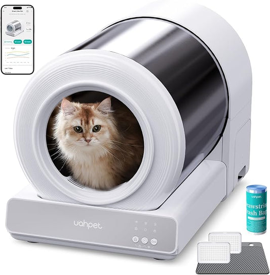 uahpet Stainless Steel Self Cleaning Cat Litter Box, Automatic Cat Litter Box with APP Control, Lower Entry, Safety Sensors Includes Mat & Trash Bags