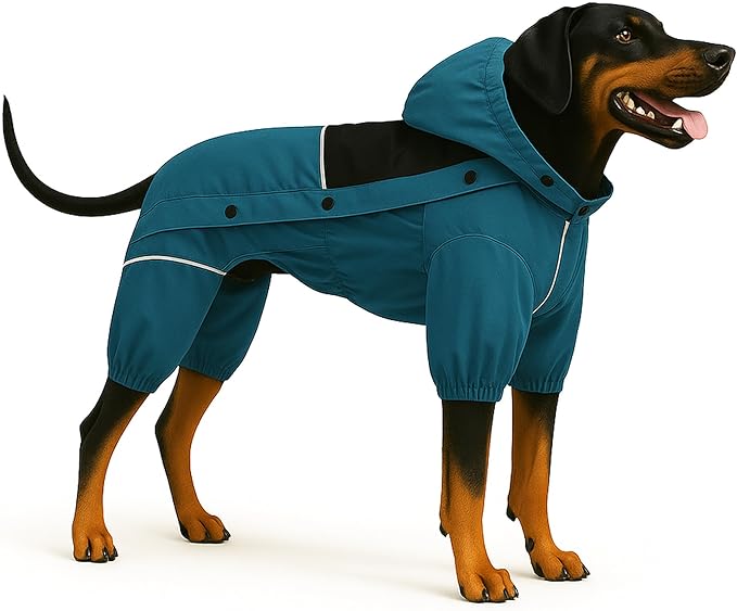 LOVELONGLONG Waterproof Dog Raincoat with Removable Hood – Outdoor Full Body Dog Jacket, Windproof Snowproof Shell Suit – All Season Pet Rain Gear Ocean Teal L