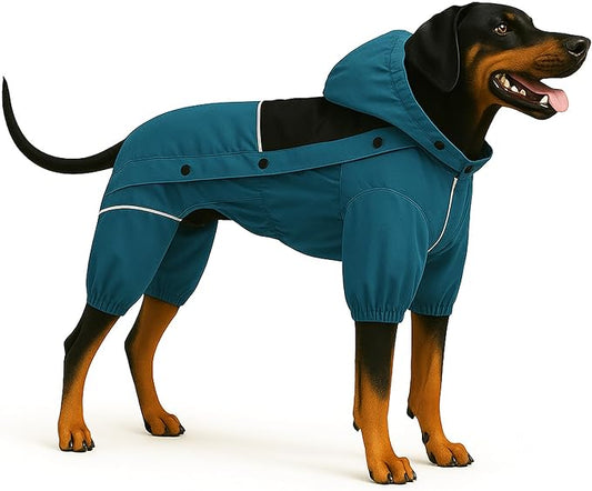 LOVELONGLONG Waterproof Dog Raincoat with Removable Hood – Outdoor Full Body Dog Jacket, Windproof Snowproof Shell Suit – All Season Pet Rain Gear Ocean Teal XL