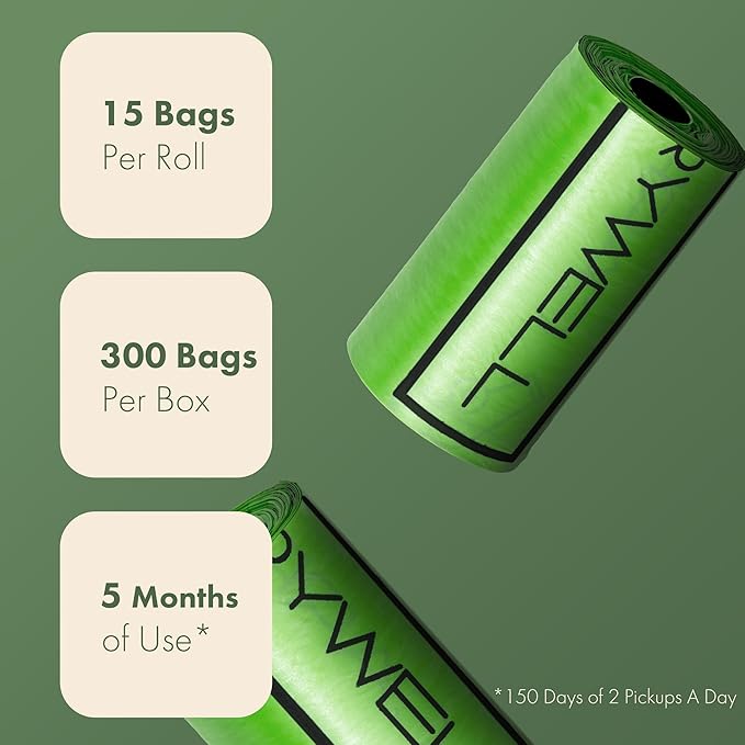 Dog Poop Bag Rolls 300 Count, Not-Made In China, Biodegradable, Leak Proof and Extra Thick Refill Bags For Dogs and Cats, Unscented Earth Friendly Waste and Doggy Litter Bag