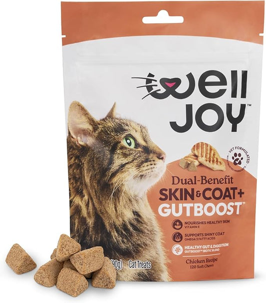 WellJoy Cat Treat Skin & Coat+ GutBoost | Nourishes Healthy Skin | Supports Shiny Coat | Dual-Benefit GutBoost Formulation | Vet Formulated | Made in USA | Real Shredded Chicken | 120 Soft Chews