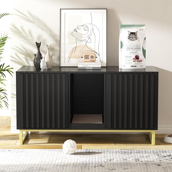 Double Litter Box Enclosure,Modern Cat Litter Box Enclosure for 2 Cats, Hidden Litter Box with Cat Scratch Pad, Cat Washroom Cat House End Table, Entryway Bench for Livingroom (Black)