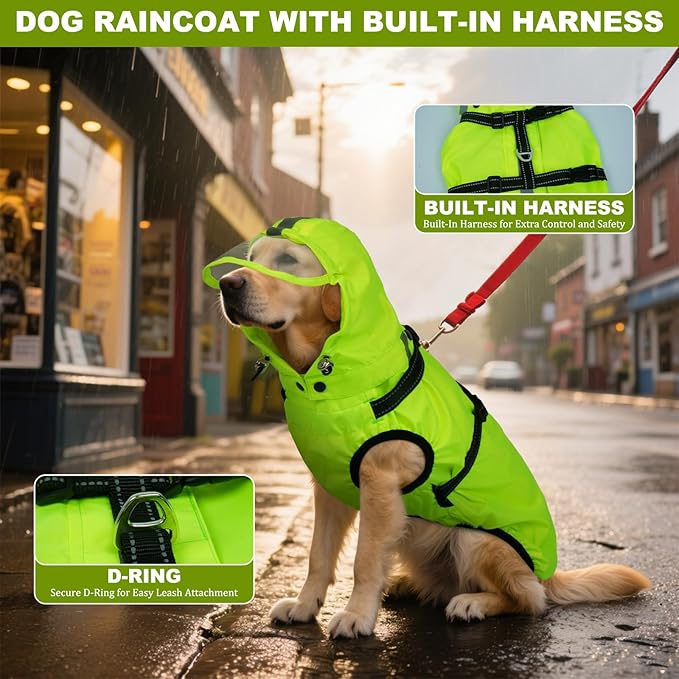 Dog Raincoat for Extra Large Dogs with Hood, Waterproof Dog Rain Jacket with Adjustable Built-in Harness & Back Zipper, Reflective Strip, for Rainy Walks, Muddy Roads - Fluorescent Green XXXXL
