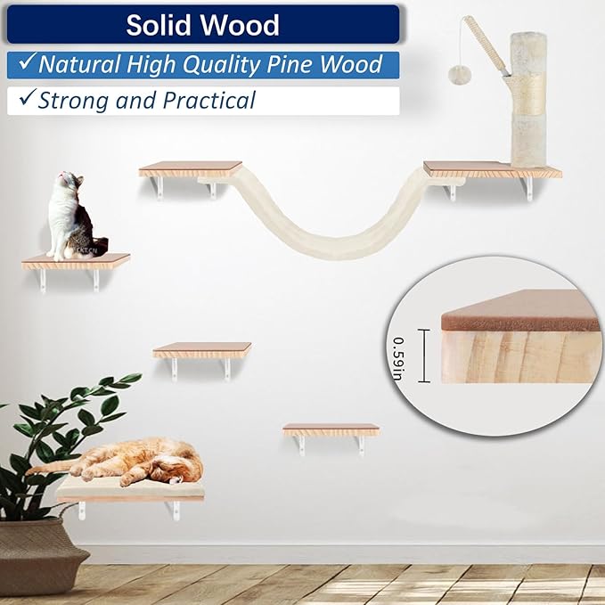 Cat Wall Shelves, Solid Wood Cat Wall Furniture Set, with Cats Bed, Hammock, Felt Ladder, Sisal Scratching Post & Ball (Beige)