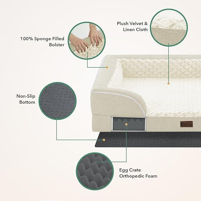 Orthopedic Dog Beds for Extra Large Sized Dogs, Waterproof Memory Foam XL Pet Bed with Sides 42x30Inch, Non-Slip and Egg-Crate Foam Big Dog Couch Bed with Removable Washable Cover, Beige