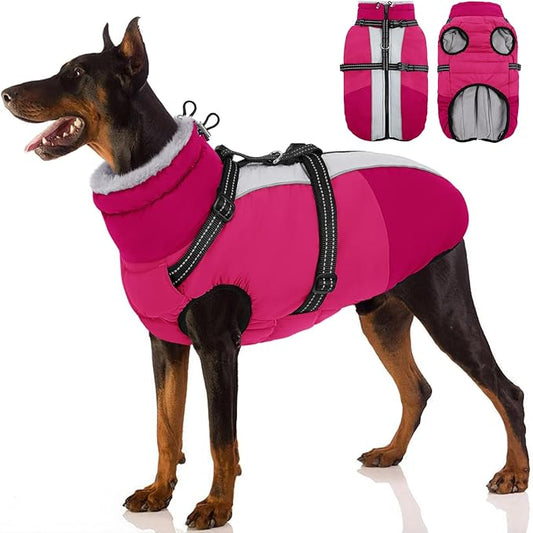 SUNFURA Large Dog Coat with Harness Built in, Warm Dog Jacket Waterproof Pet Winter Coat Snowsuit for Cold Weather, Reflective Fleece Jacket for Large Dogs, Border Collie, Hot Pink XL