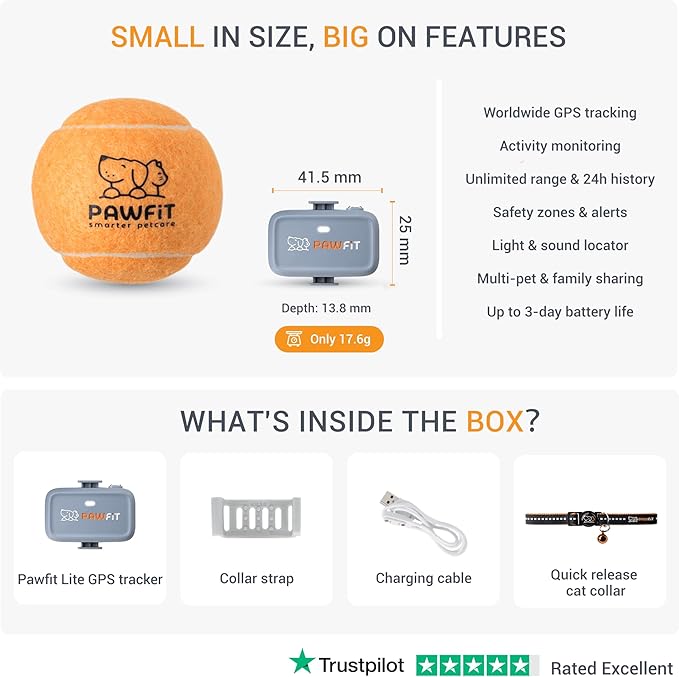 Pawfit Lite for Cats 4g GPS Tracker | Real Time Tracking | Activity Monitoring |Location History | Unlimited Range | Safety Collar Included | Lilac Grey