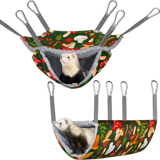 Bienbee 2 Pcs Ferret Rat Hammock Set for Cage Washable Guinea Pig Hideout Bed Soft Small Animal Hammock Tunnel Toys Ferret Cage Accessories for Hedgehog Sugar Glider Squirrel Hamster, Green Mushroom