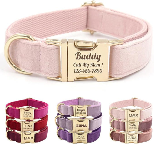 Velvet Personalized Dog Collar with Name - Customizable Dog Collar with Quick Release Metal Buckle - Leash and Bow Tie Available (Rosewater, M)