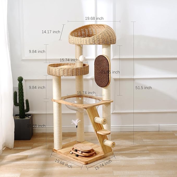 Modern Cat Tree, Cat TreeTower with Space Capsule, Hand-Woven Basket Nest, Sisal Posts & Scratching Board, 50 Inch Heavy-Duty Multi-Level Indoor Wood Tower