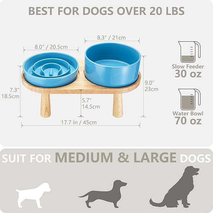 Ceramic Slow Feeder and Water Bowl Set for Medium and Large Dogs, 8.0inch Ceramic Dog Bowls Elevated with Wooden Stand, 2.0 Cups Dog Slow Feeder(30oz) and 70oz Water Bowl Set, Blue