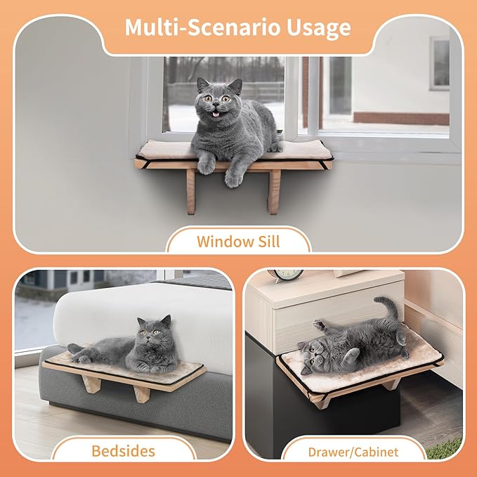 PETSFIT Cat Window Perch, Natural Solid Wood Cat Hammock with Removable Fleece Mat, Easy to Assemble Window Perch for Large Cats, Fits Windowsill, Bedside & Drawer