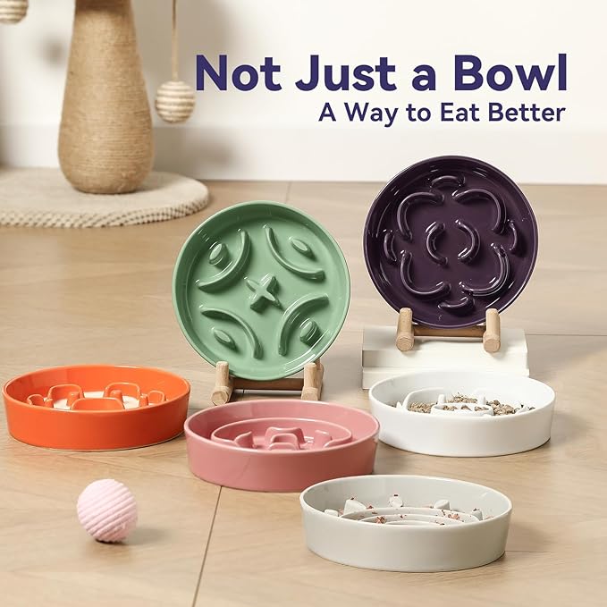 Ceramic Dog Slow Feeder Bowl - Small Dog Food Dish with Maze Puzzle Design - Slow Eating Puzzle Feeder for Pet Feed & Food Control - Whisker-Friendly Bowl for Cat Feeding - 6.3 Inch - 180 g - Pink