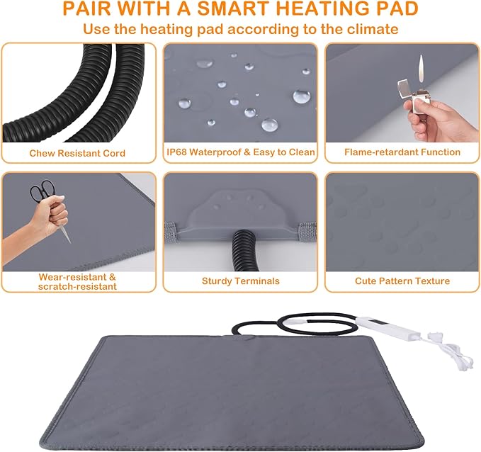 ELEGX Pet Heating Pad, 10 Adjustable Temperature Dog Cat Heating Pad, Waterproof Electric Heated Cat Bed with Smart Thermostat Switch & Chew Resistant Cord, Non-Slip Pet Heated Mat 17.7x17.7in