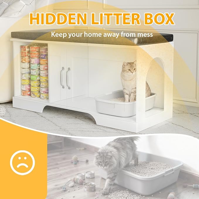 Modern Cat Litter Box Enclosure, 39" Hidden Litter Box Furniture with Removable Padded Seat Cushion, Flip-Top Design, Cat Washroom Bench with Storage Cabinet, Fit Most of Litter Box,White