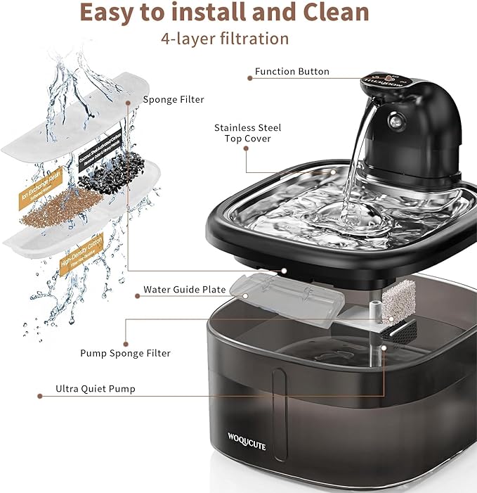 Cat Water Fountain Cordless Stainless Steel 118oz/3.5L Wireless & Ultra Quiet (≤25dB) with Sensor/Timer Mode, Battery Operated Pet Fountain for Indoor Use, Automatic Pet Water Dispenser