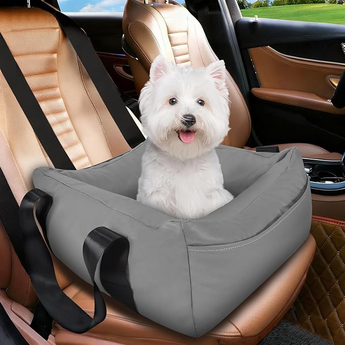 Dog Car Seat for Small Dogs, Large Leather Dog Car Bed with Storage Pocket, Waterproof PVC Leather Booster Seat Travel Bed for Front & Back Seat, Clip-On Safety Leash (Black/Grey)