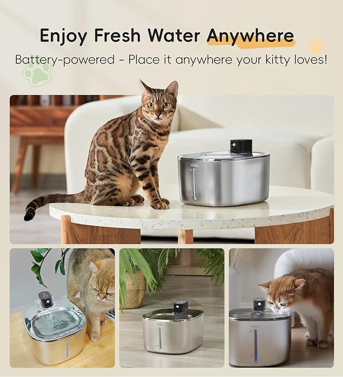 Cat Water Fountain Stainless Steel, 138fl.oz / 4.1L Wireless Cat Fountain, Pet Water Dispenser Cordless for Cats & Dogs Indoor