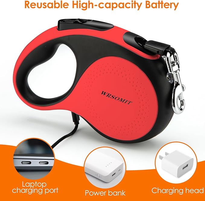 Retractable Dog Leash with Chew Proof Cable and LED Flashlight, 16Ft Heavy Duty Dog Leash for Medium Large Dogs up to 110lbs, 360° No Tangle (Red+16ft+LED)