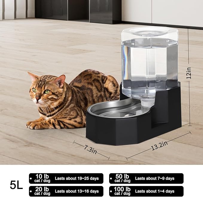Sfozstra Gravity Water Bowl Dispenser : Automatic 5L Black Cat Stainless Steel Feeder with Specialized Brush - for Dogs with Joint Problems - Suitable in Garage Bedroom