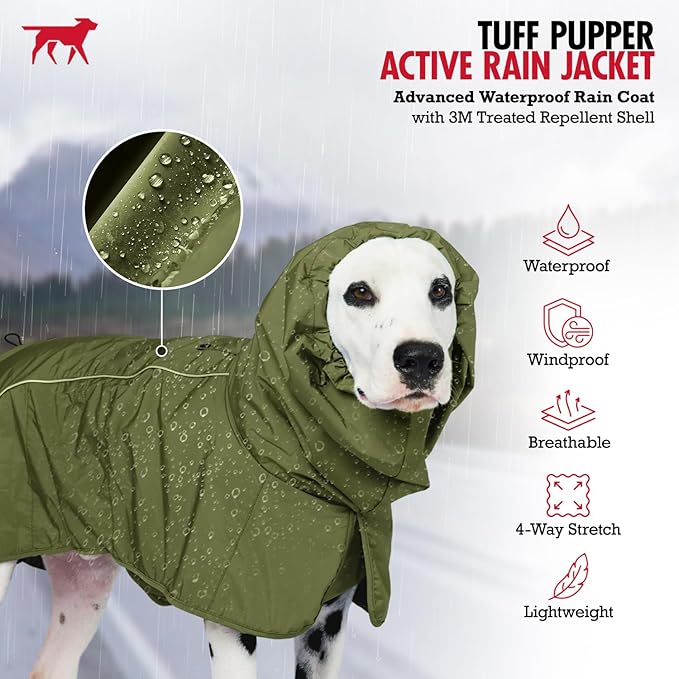 Tuff Pupper Waterproof Dog Raincoat | Full-Body Windproof Rain Jacket for Dogs | Reflective Strips | Breathable Mesh Lining | Adjustable Fit | Leash Port | Small Medium Large XL XXL Dogs (Olive, XXS)