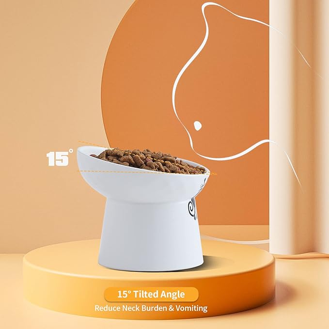 OMAYKEY Ceramic Raised Cat Bowls, Tilted Elevated Cat Food Bowl Set for Cat & Small Dog, Reduce Vomiting and Protect Pets' Spines Dishes Feeder, Lead & Cadmium Free, White & Grey, Set of 2