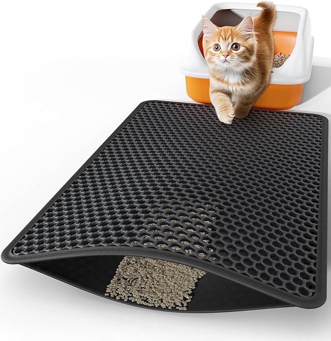 Cat Litter Mat - 30" x 24" Large Litter Box Mat with Double Layers, Urine-Proof and Non-Slip Litter Trapping Mat, Easy to Clean Kitty Litter Mats for Floor, Scatter Control, Black