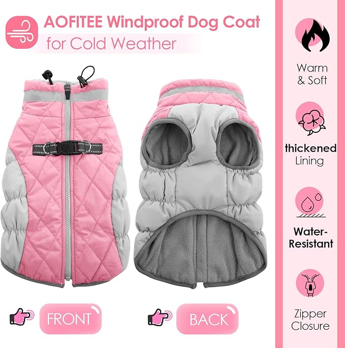 AOFITEE Dog Coat, Warm Dog Jackets for Small Dogs, Dogs Winter Coat with Harness Built in, Reflective Pet Winter Jacket, Waterproof Windproof Puppy Puffer Jacket Fleece Vest, Pink XS
