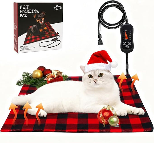 Pet Heating Pad, Adjustable Temperature Heated Cat Bed with Timer, Outdoor Waterproof Heated Dog Bed with Anti-Chew Cord, Overheat Protection Warming Mat for Cats and Puppies (S:17.7"x17.7")