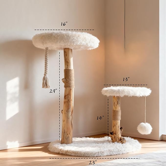 Modern Cat Tree Tower for Indoor Cats, Natural Solid Wooden Branch with Sisal Scratching Post, Log Style Cat Furniture with Perches Platform & Toy Ball