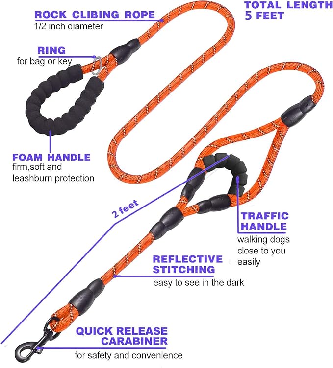 JSXD Heavy Duty Double Handle Dog Leash - 5 FT with Comfortable Padded & Reflective Rope for Small, Medium, Large Dogs (Rope-Orange)