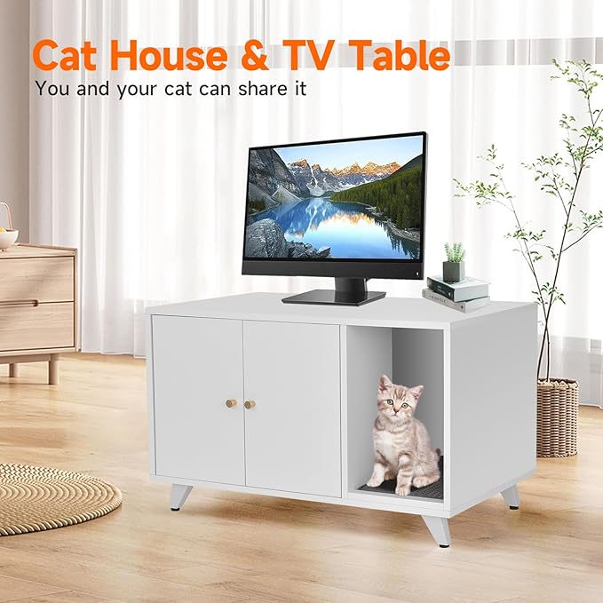 Cat Litter Box Enclosure, Hidden Litter Box Furniture Washroom Storage Cabinet, Modern Cat House with Scratche Pad (White)