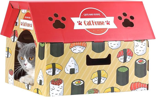 Cardboard Cat House with Scratcher – Red Sushi Design, 14''H x 18''L x 15.5''W, Sturdy Cat Playhouse for Indoor Cats up to 20 lbs, Fun Cat Hideout & Scratch Toy