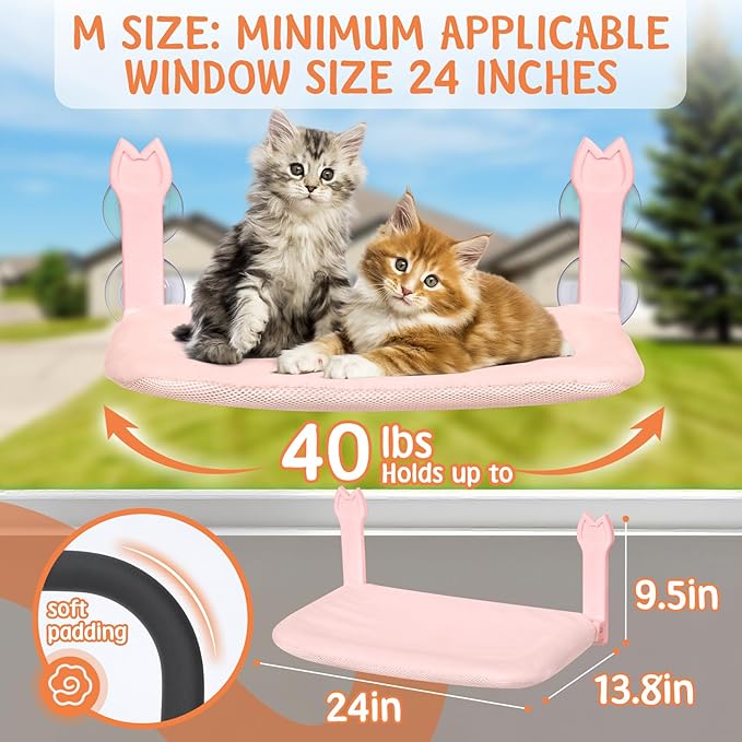 2 Pack Cat Window Perch,Cat Window Hammock Cordless Foldable Window Bed with 4 Large Strong Suction Cup,Reversible Cushion Cover,Metal Frame Easy to Adjust Window Seat Holds up to 40lbs(Pink，M)