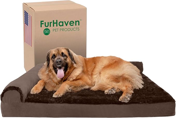 Furhaven Orthopedic Dog Bed for Large Dogs w/ Removable Bolsters & Washable Cover, For Dogs Up to 125 lbs - Plush & Velvet L Shaped Chaise - Sable Brown, Jumbo Plus/XXL