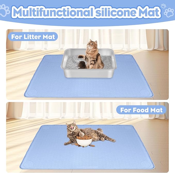 Cat Litter Mat, Extra Large 34" x 22" Silicone Mat Litter Trapping Mat for Scatter Control, Soft on Kitty Paws, Easy to Clean (Blue)
