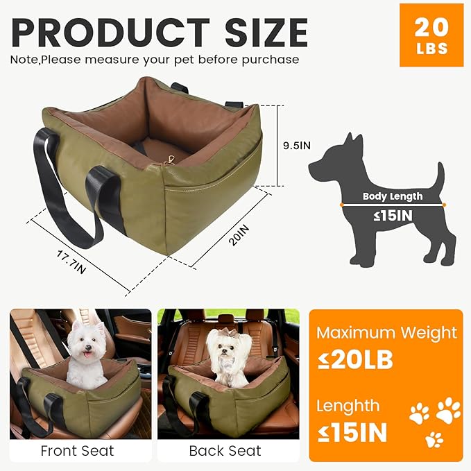 Dog Car Seat for Small Dogs, Large Leather Dog Car Bed with Storage Pocket, Waterproof PVC Leather Booster Seat Travel Bed for Front & Back Seat, Clip-On Safety Leash (Green/Brown)