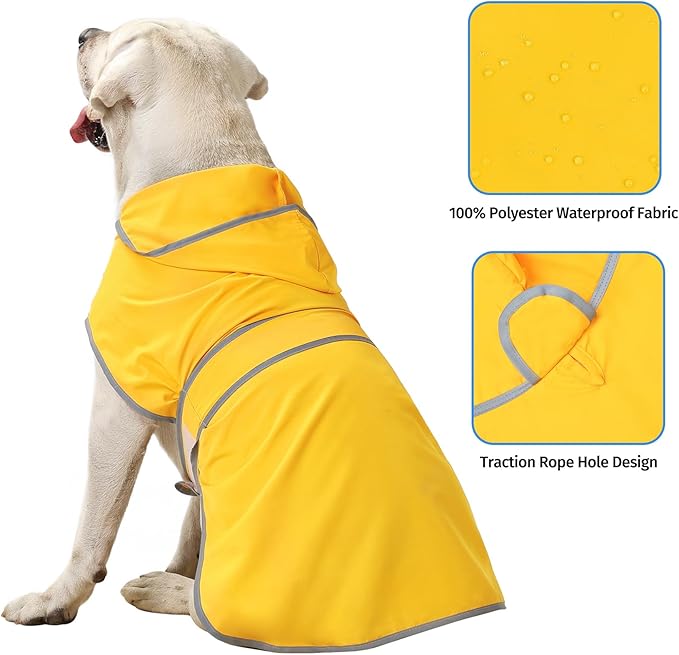 Dog Raincoats for Large Dogs Waterproof Hooded Rain Jacket with Reflective Strips Leash Hole & Poncho Adjustable Fit (Yellow,XL)